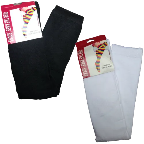 2 Pairs Ladies Over The Knee Socks Plain Black   White High Thigh Long Stockings
