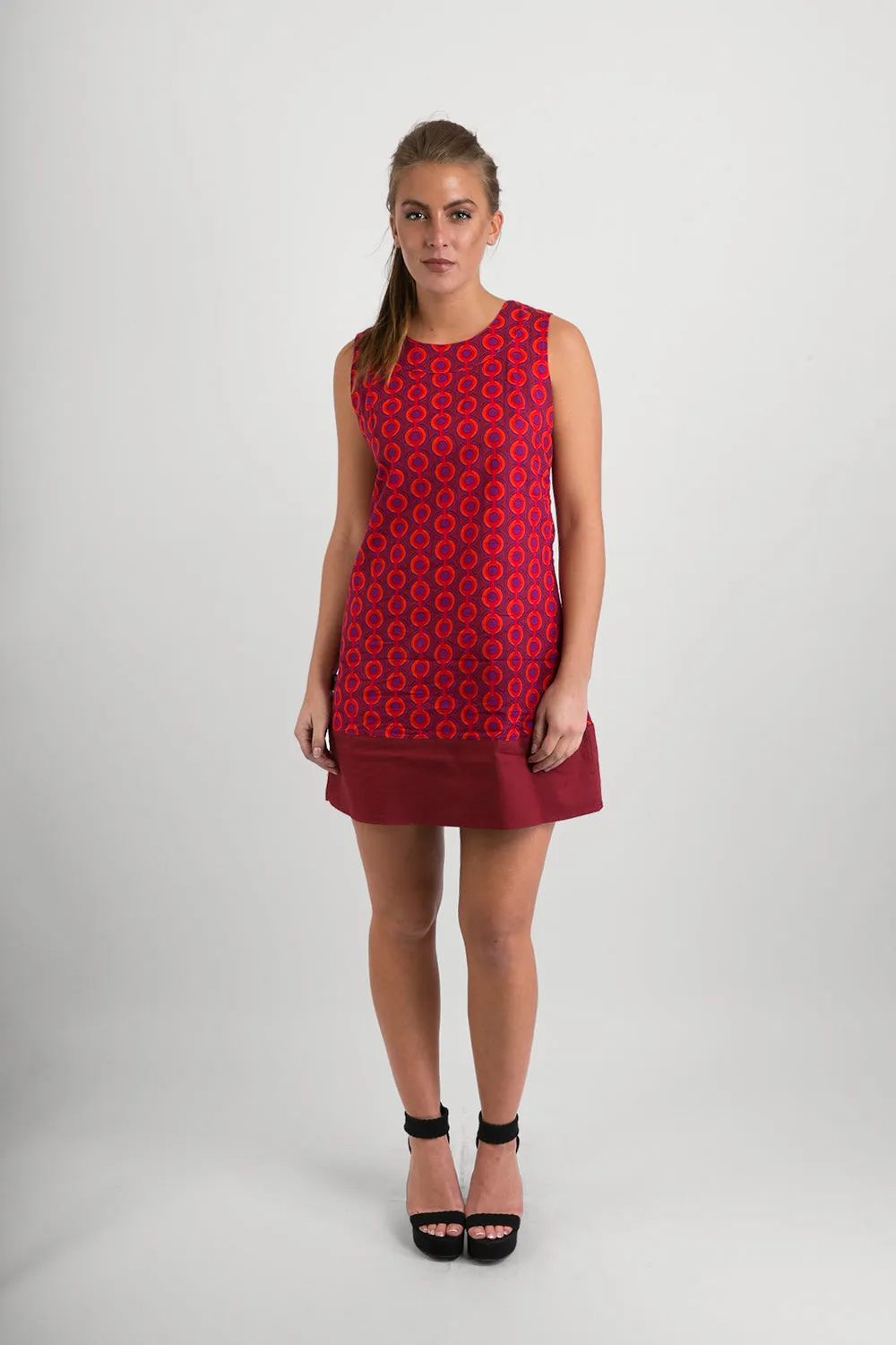 60s Style Cotton Dress Red Print with Pockets