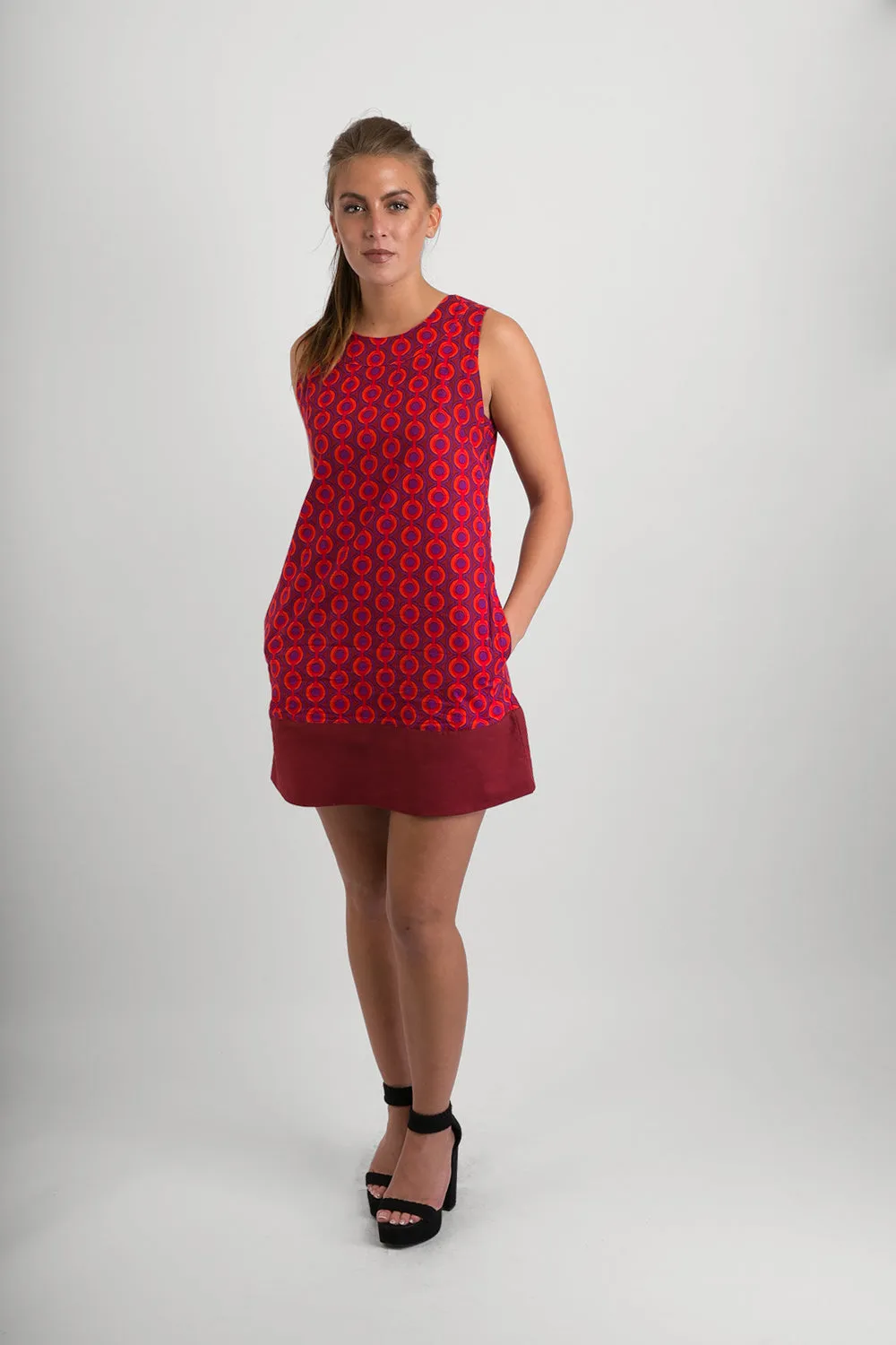 60s Style Cotton Dress Red Print with Pockets
