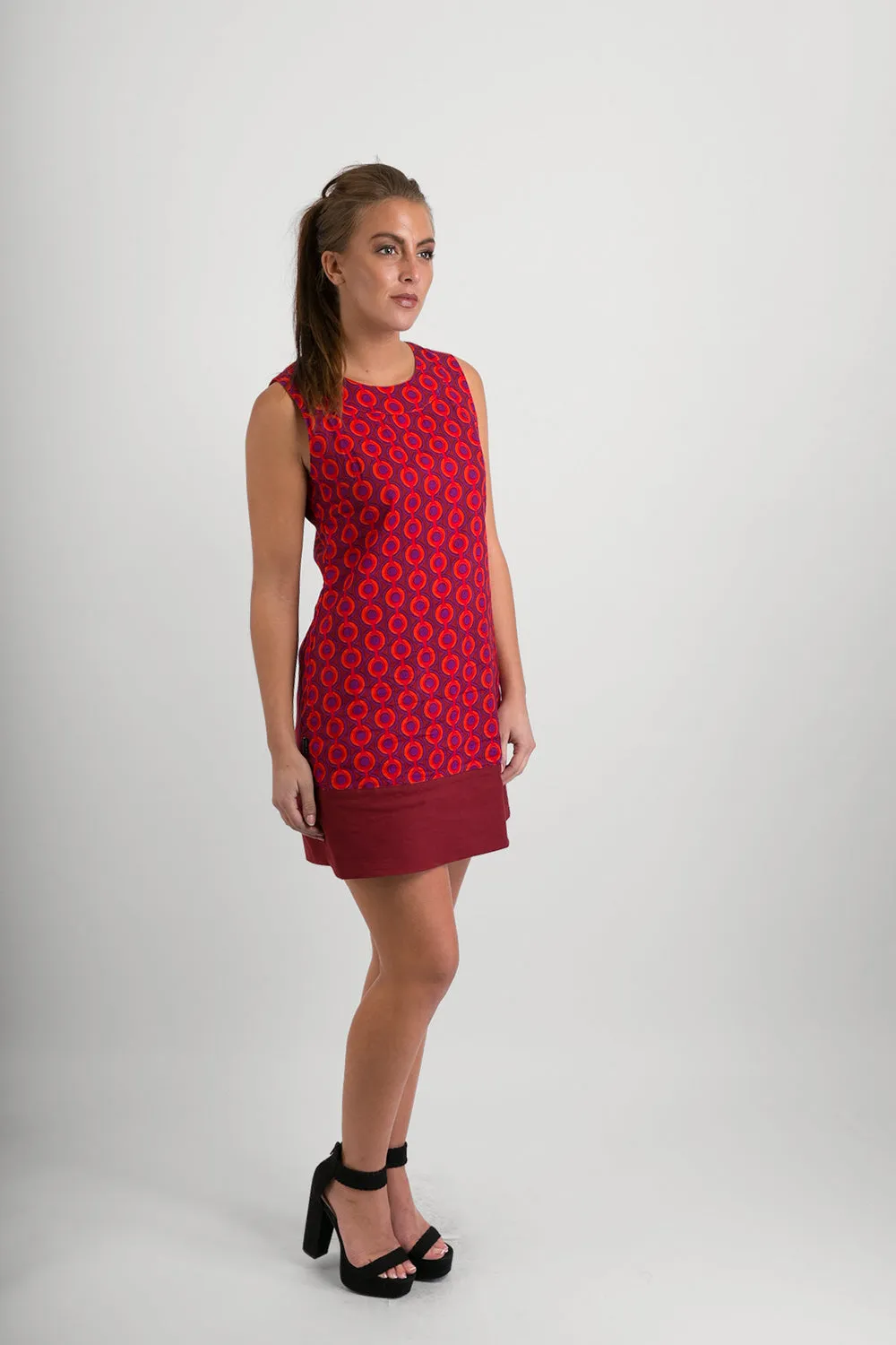 60s Style Cotton Dress Red Print with Pockets
