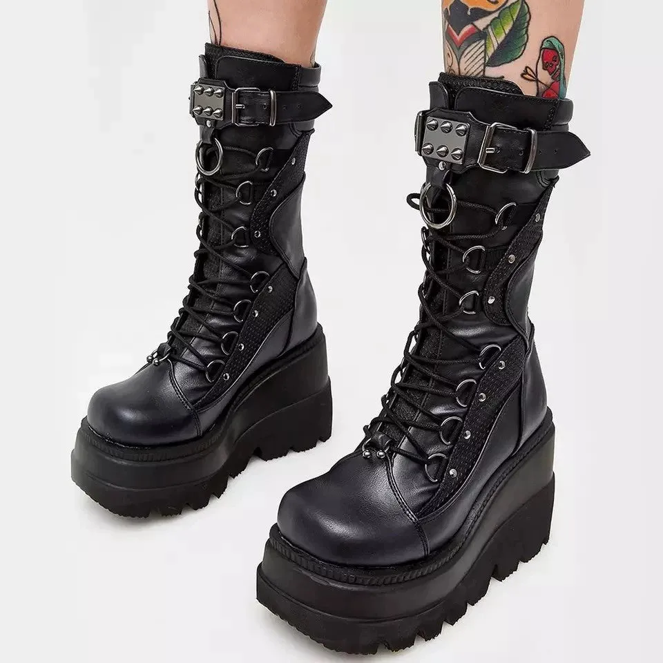 Amozae--cross-border wedge heel knight boots women 2024 new European and American large size punk style handsome thick bottom mid-tube women's boots