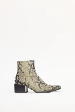 Beige Leather Embossed Ankle Boot