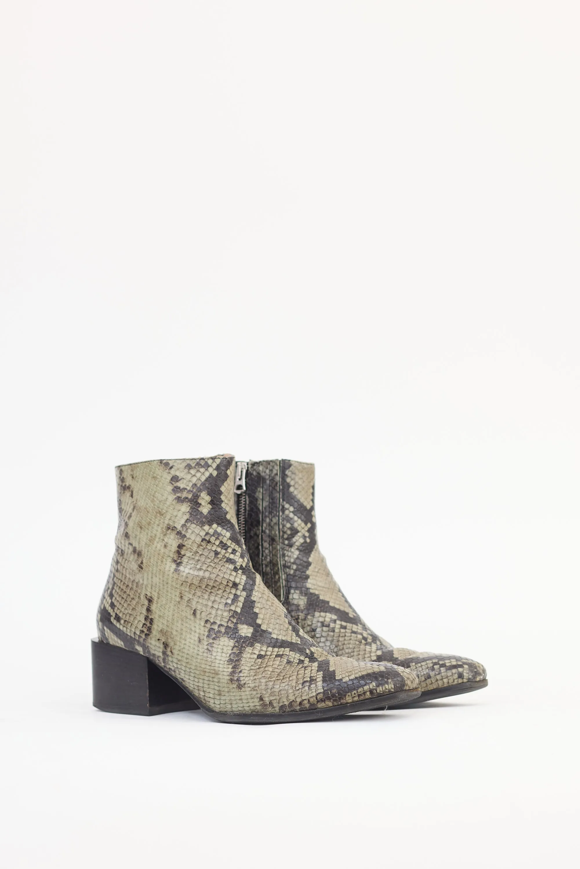 Beige Leather Embossed Ankle Boot