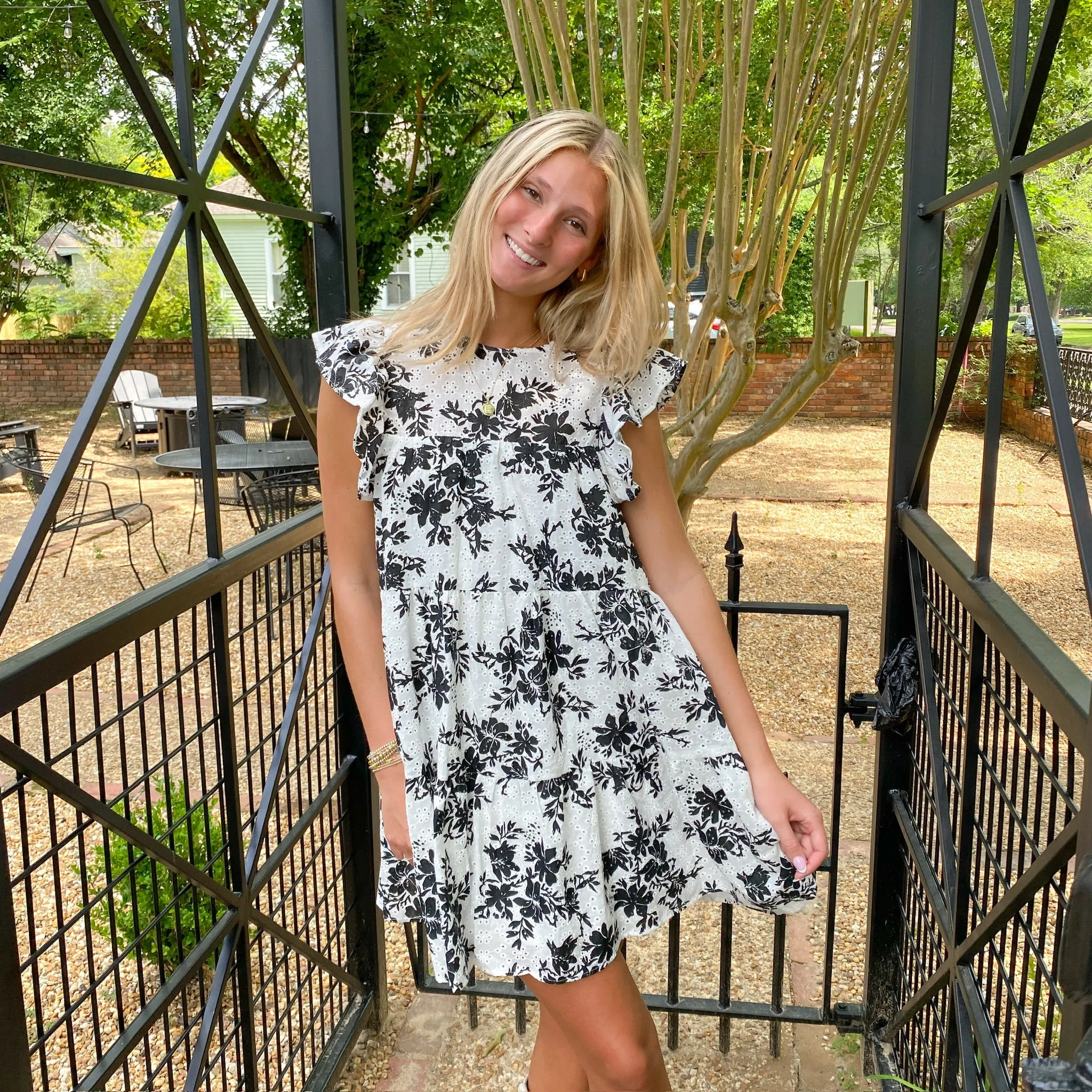 BLACK AND WHITE FLORAL PRINTED WOVEN EYELET MINI DRESS
