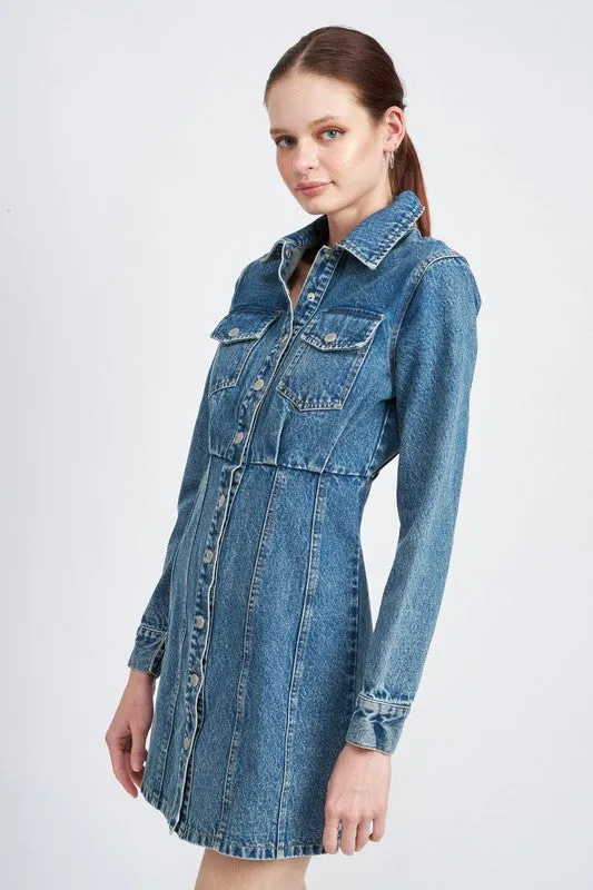 Classic Timeless Button-Front Fashion Denim Shirt Dress