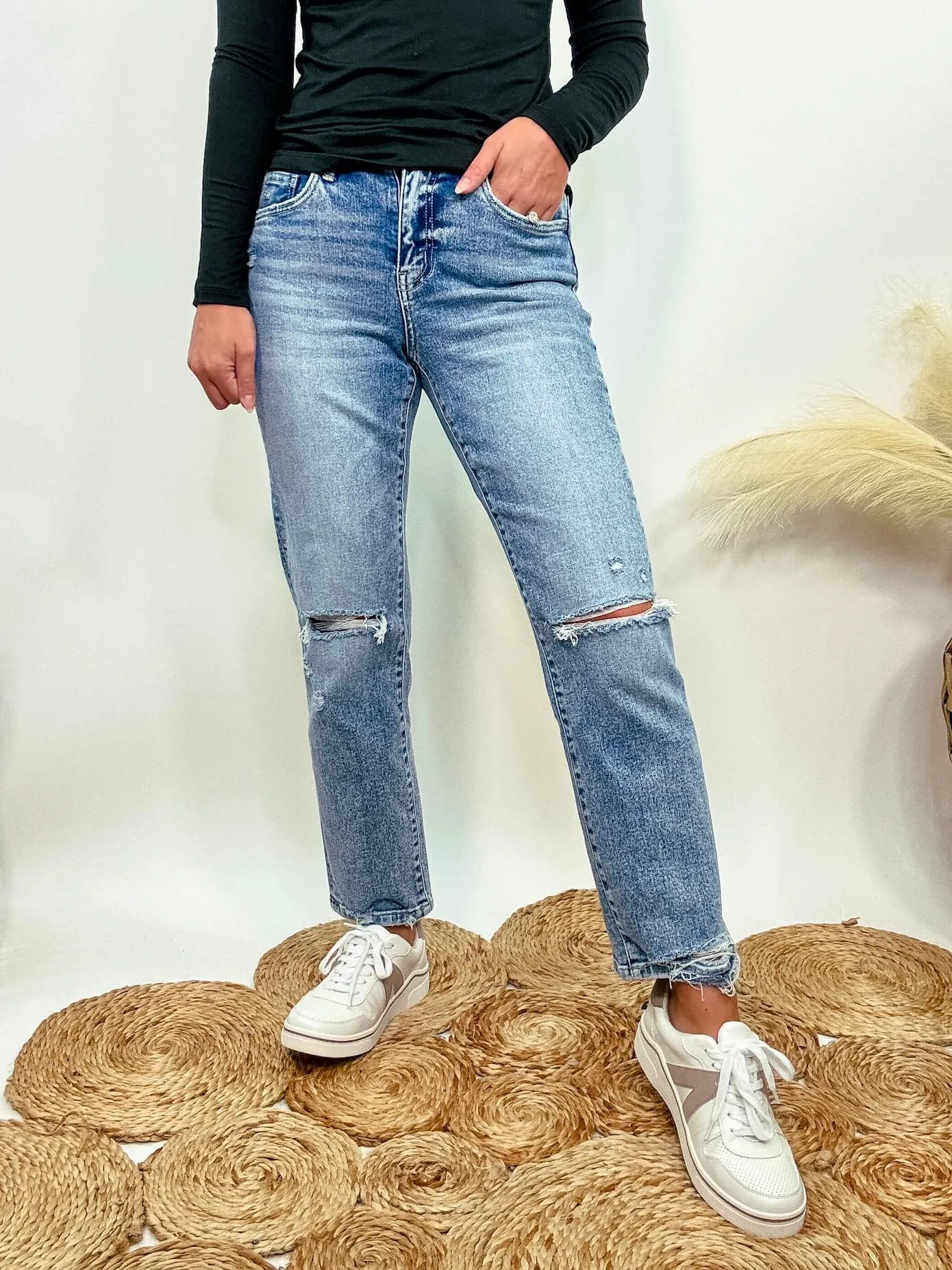 Cropped Comfort Stretch Distressed Straight Leg Jeans by Flying Monkey