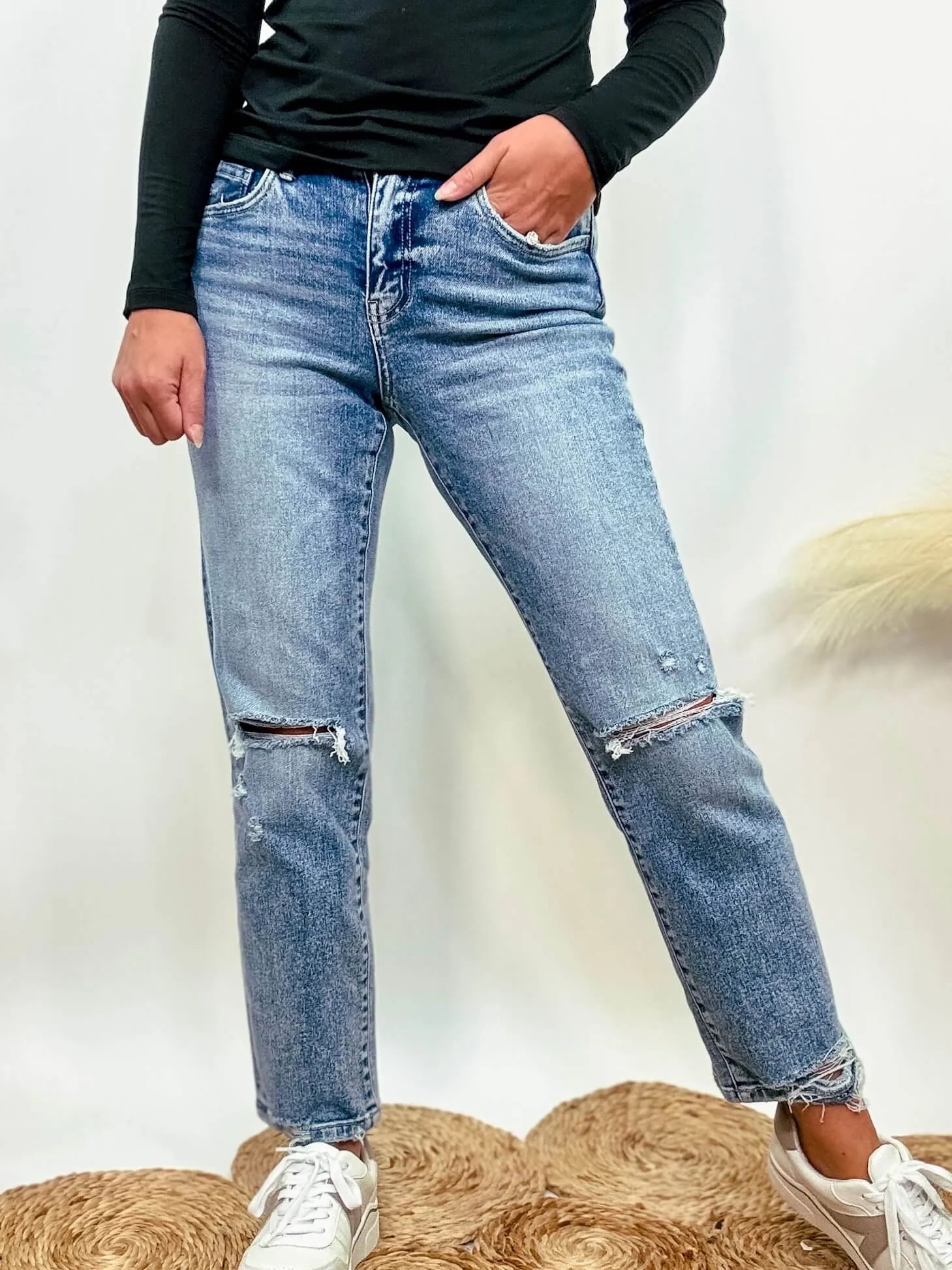 Cropped Comfort Stretch Distressed Straight Leg Jeans by Flying Monkey