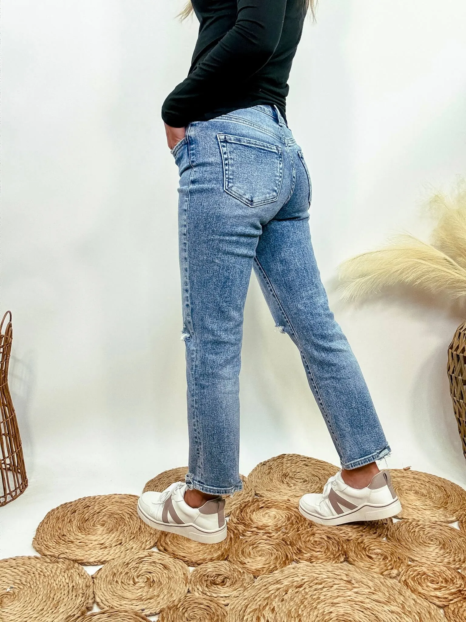 Cropped Comfort Stretch Distressed Straight Leg Jeans by Flying Monkey