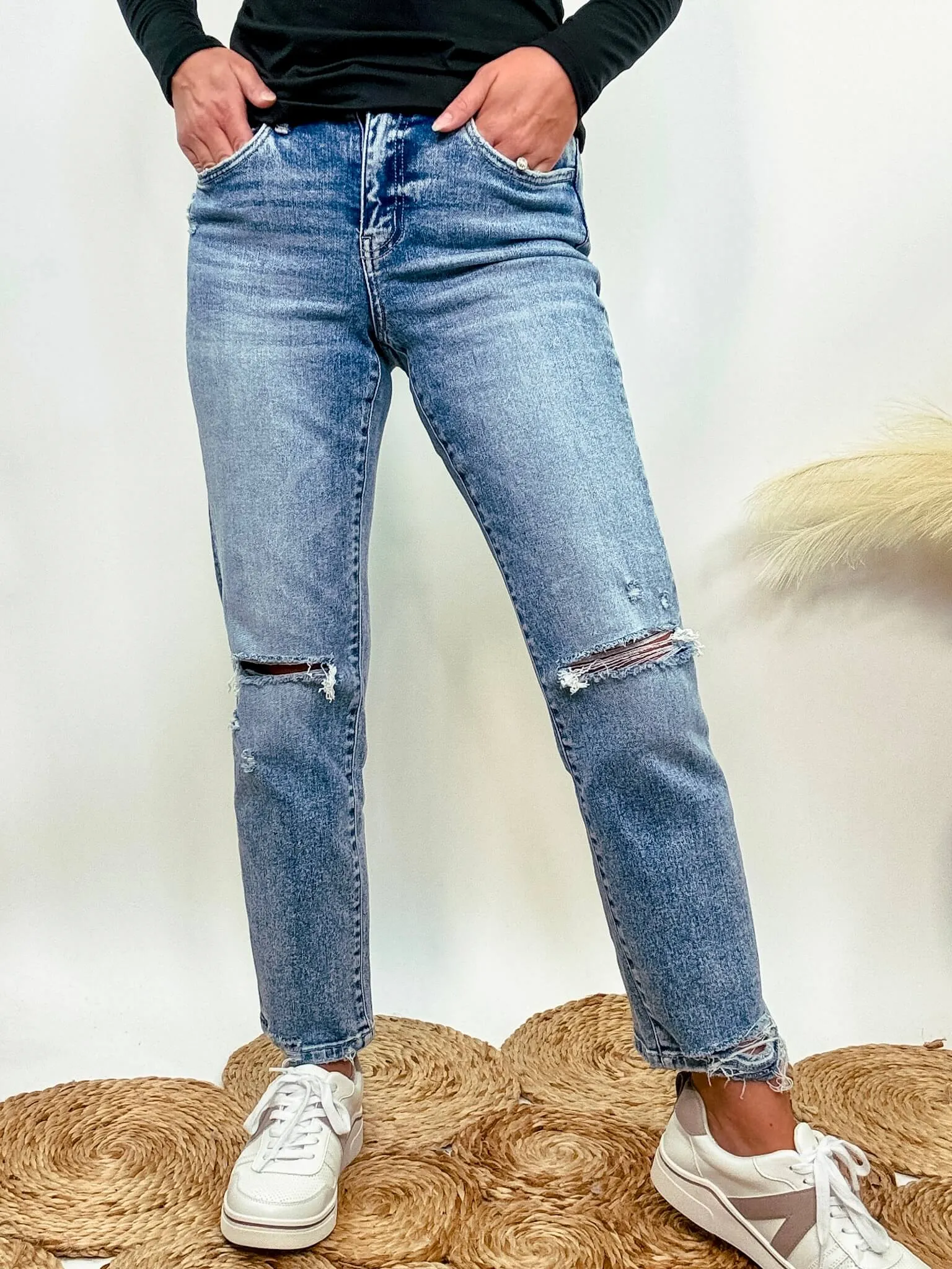 Cropped Comfort Stretch Distressed Straight Leg Jeans by Flying Monkey