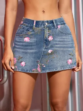 Floraler Denim-Minirock mit Schlit Indie Alternative Look