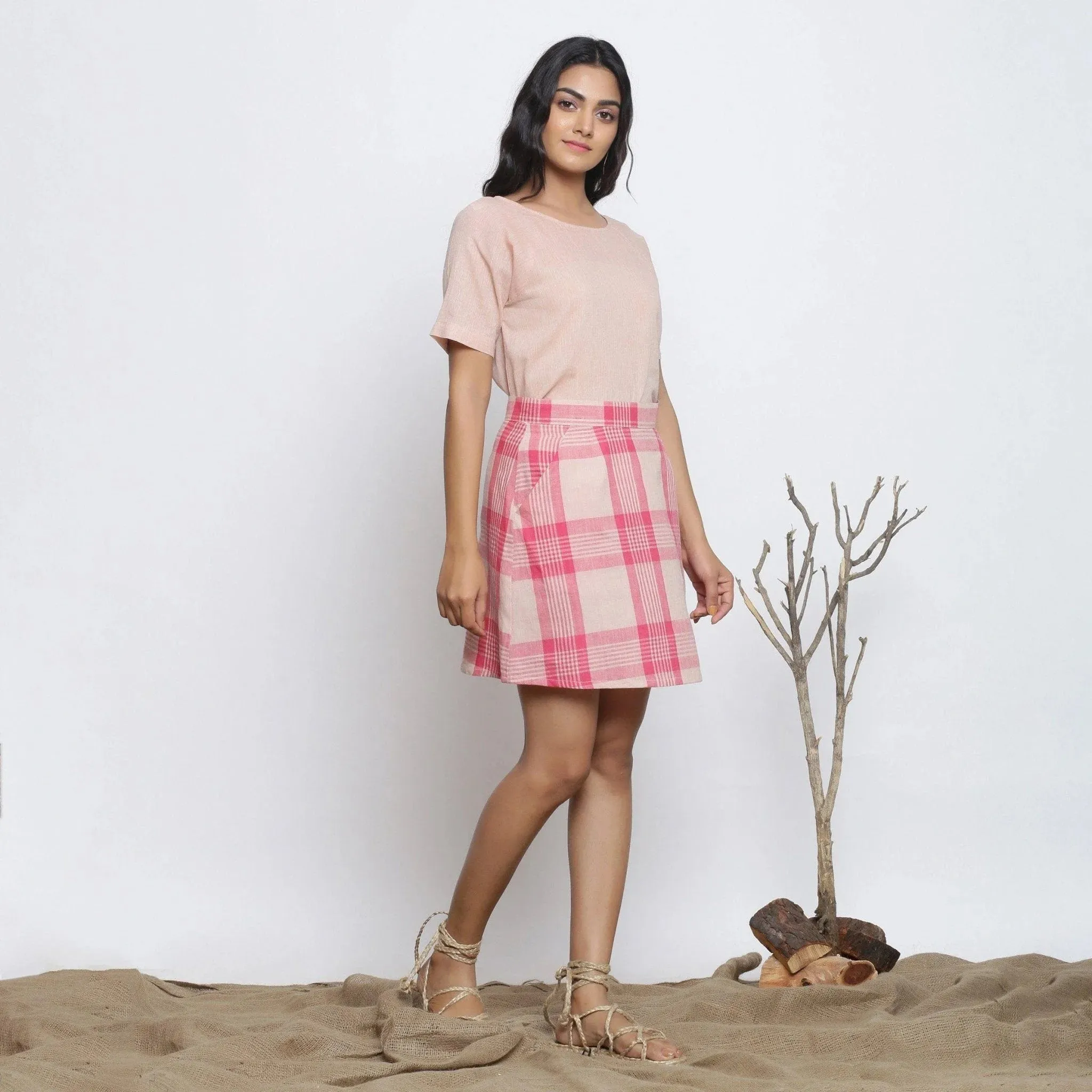 Fuchsia and Peach Cotton Mid-Rise Mini Slit Skirt