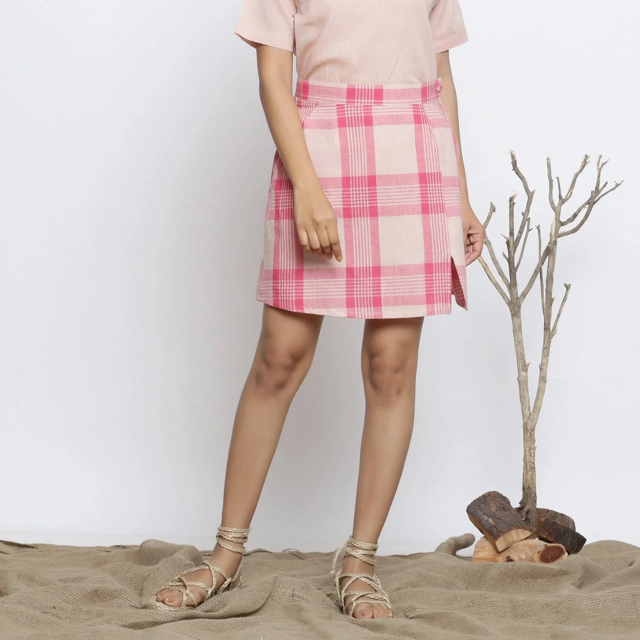 Fuchsia and Peach Cotton Mid-Rise Mini Slit Skirt