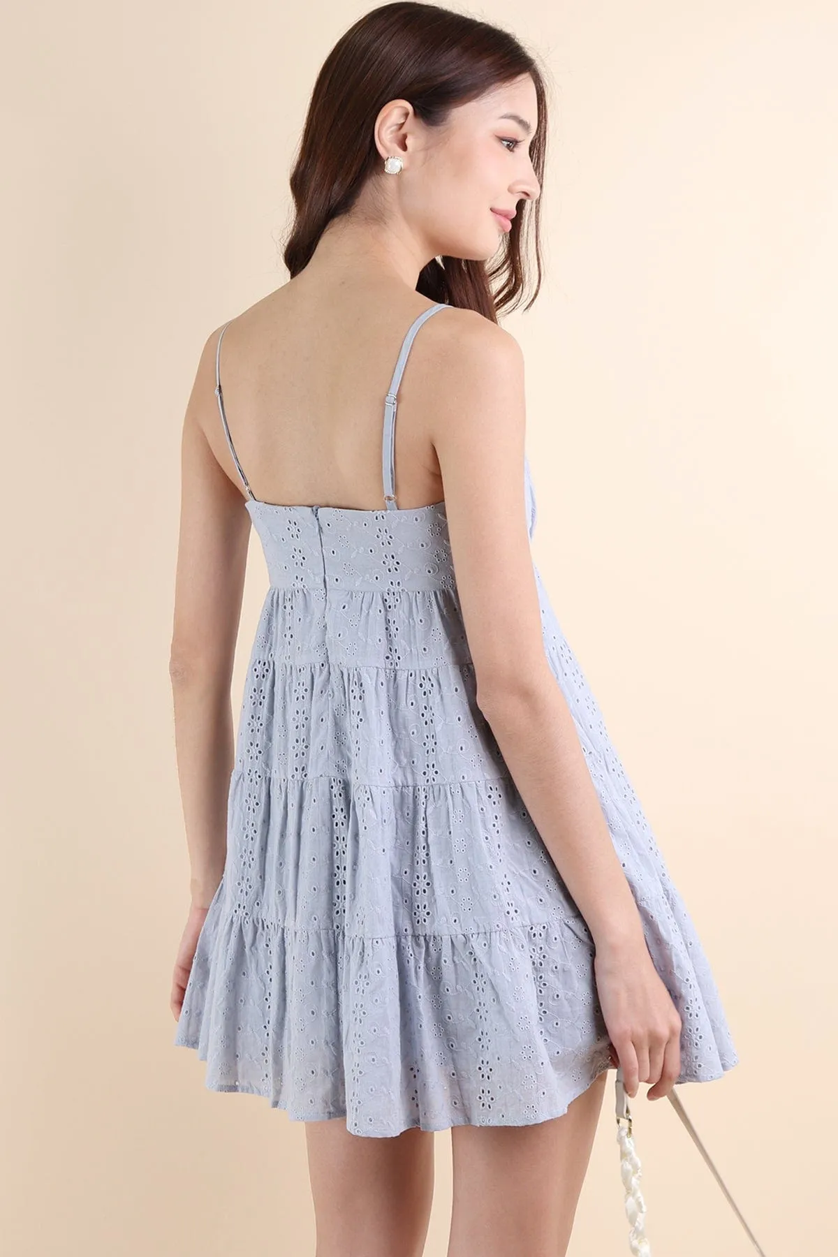 JEMMA EYELET MINI DRESS IN PERI BLUE