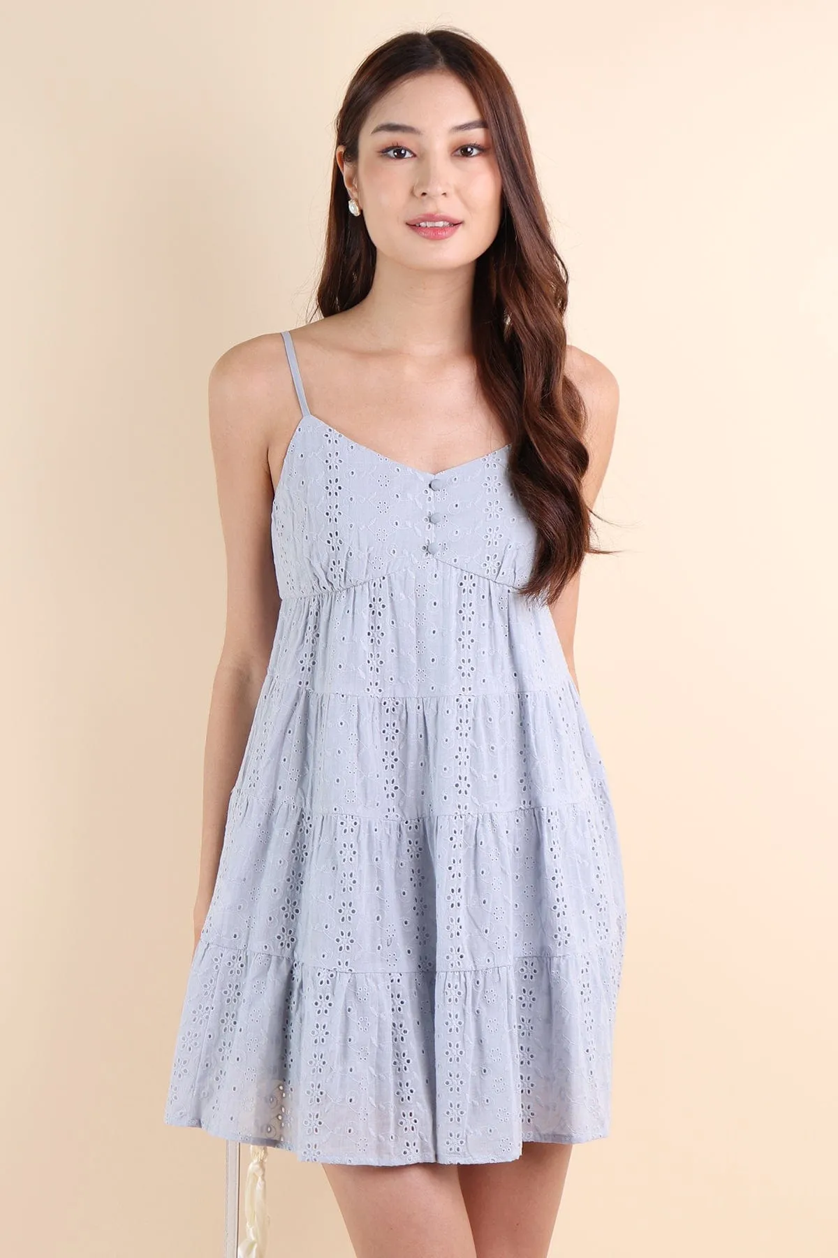 JEMMA EYELET MINI DRESS IN PERI BLUE