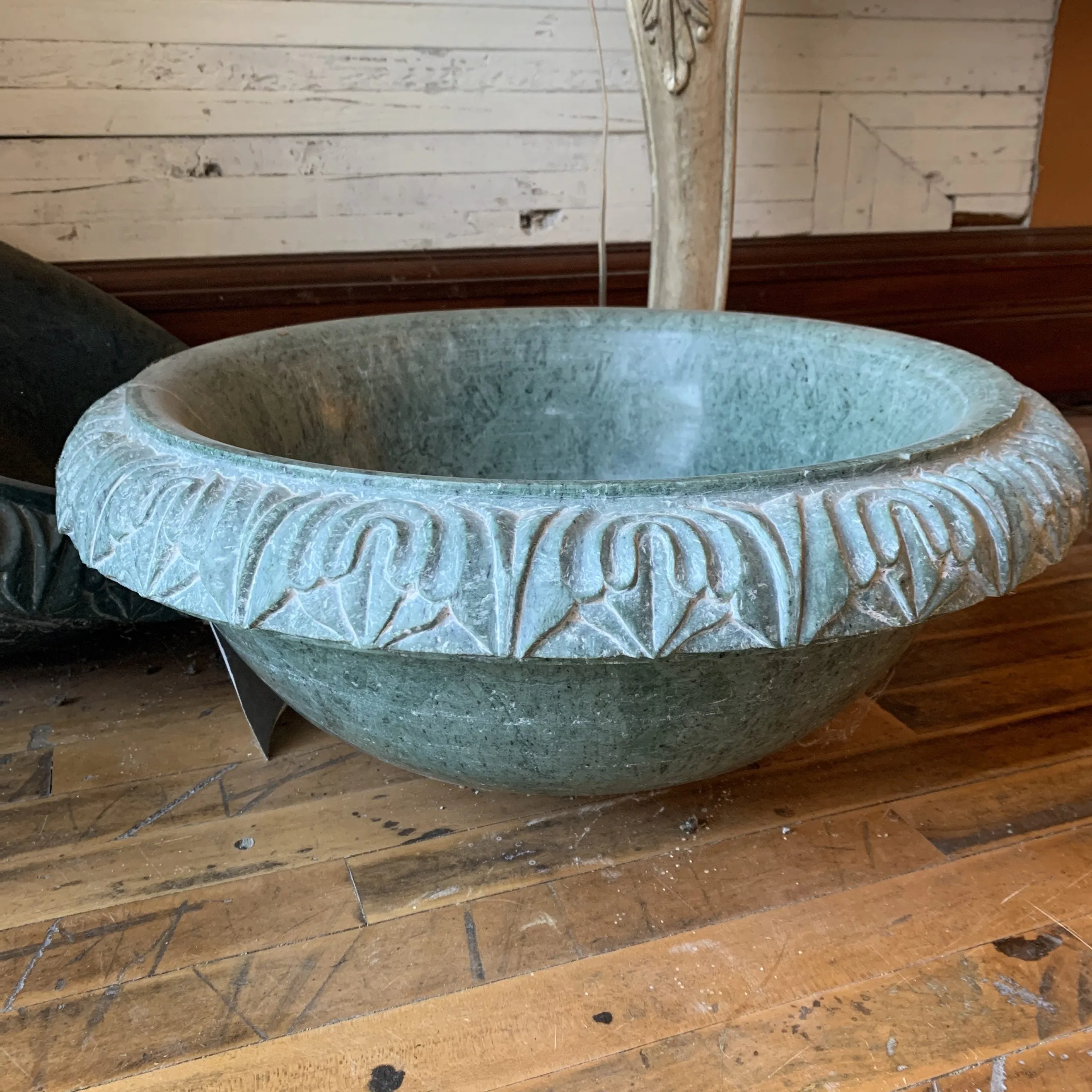 Marble Sink Vessel, Green, Round, Hand-carved