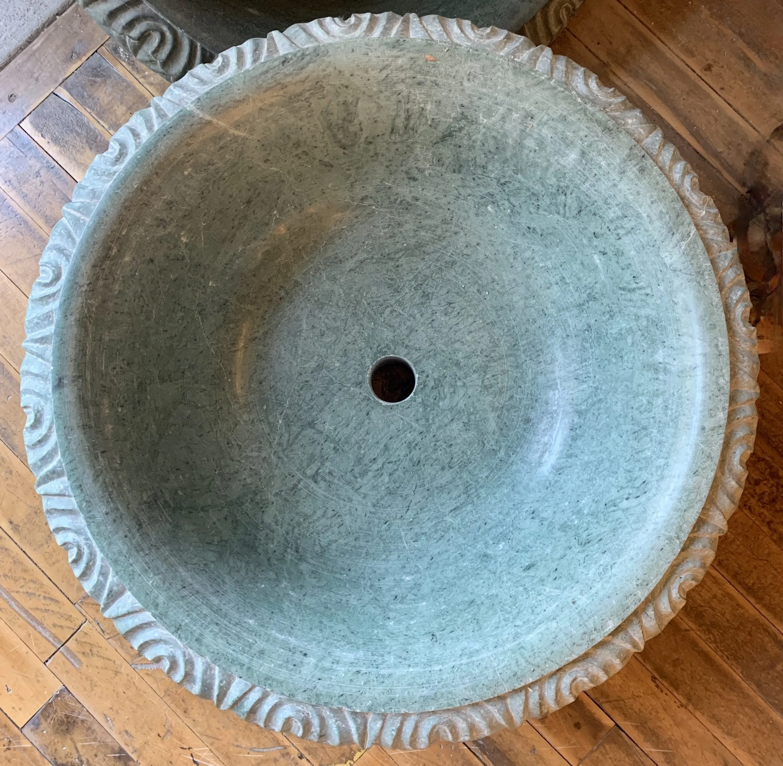 Marble Sink Vessel, Green, Round, Hand-carved