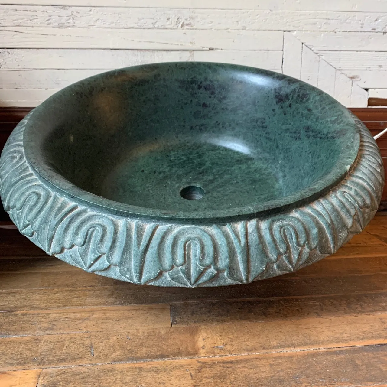 Marble Sink Vessel, Green, Round, Hand-carved