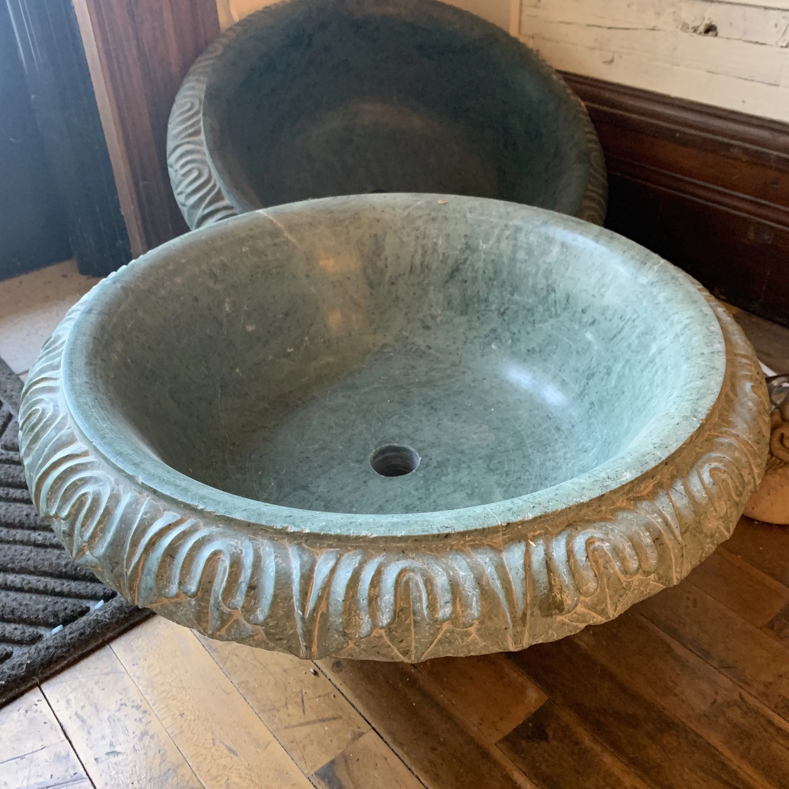 Marble Sink Vessel, Green, Round, Hand-carved