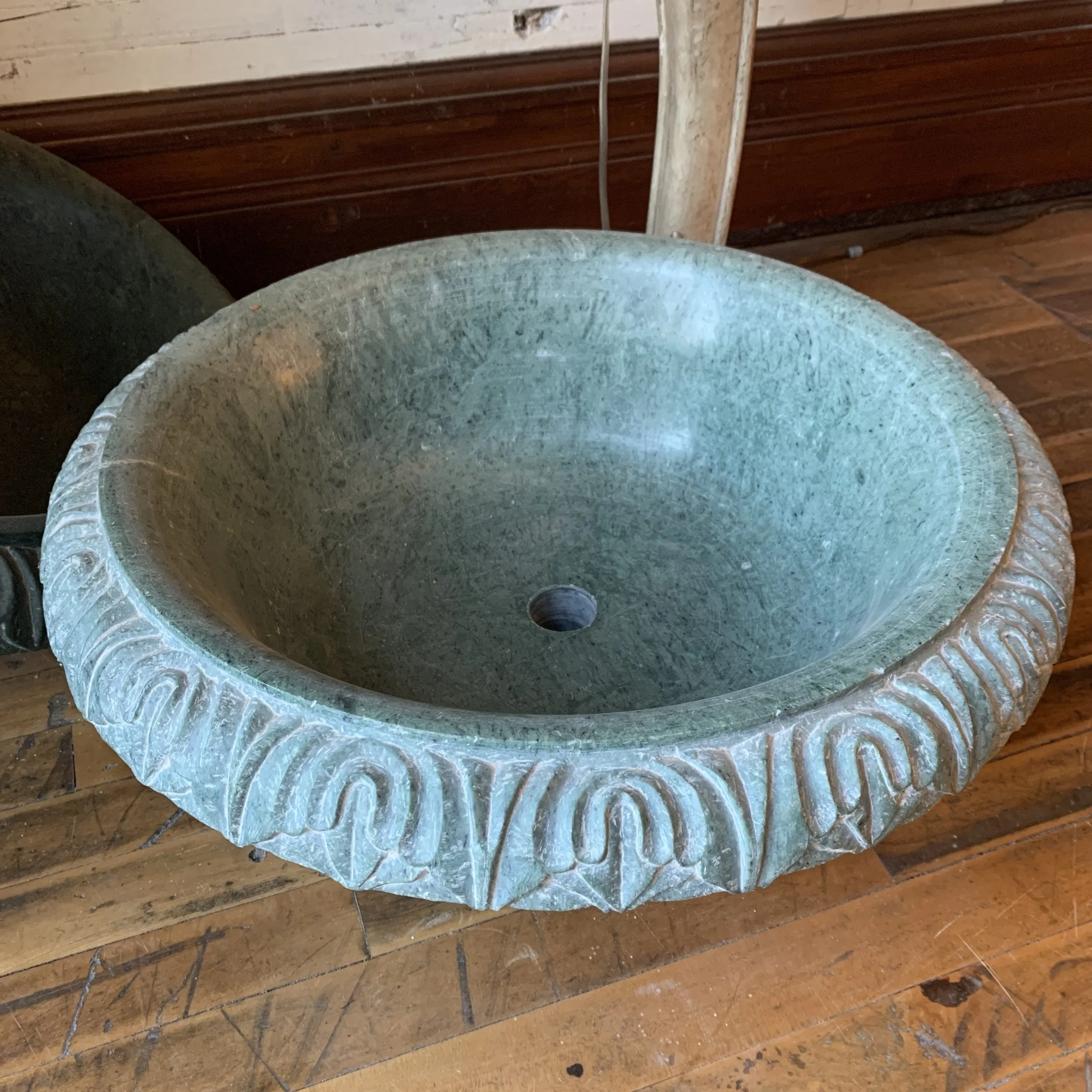 Marble Sink Vessel, Green, Round, Hand-carved