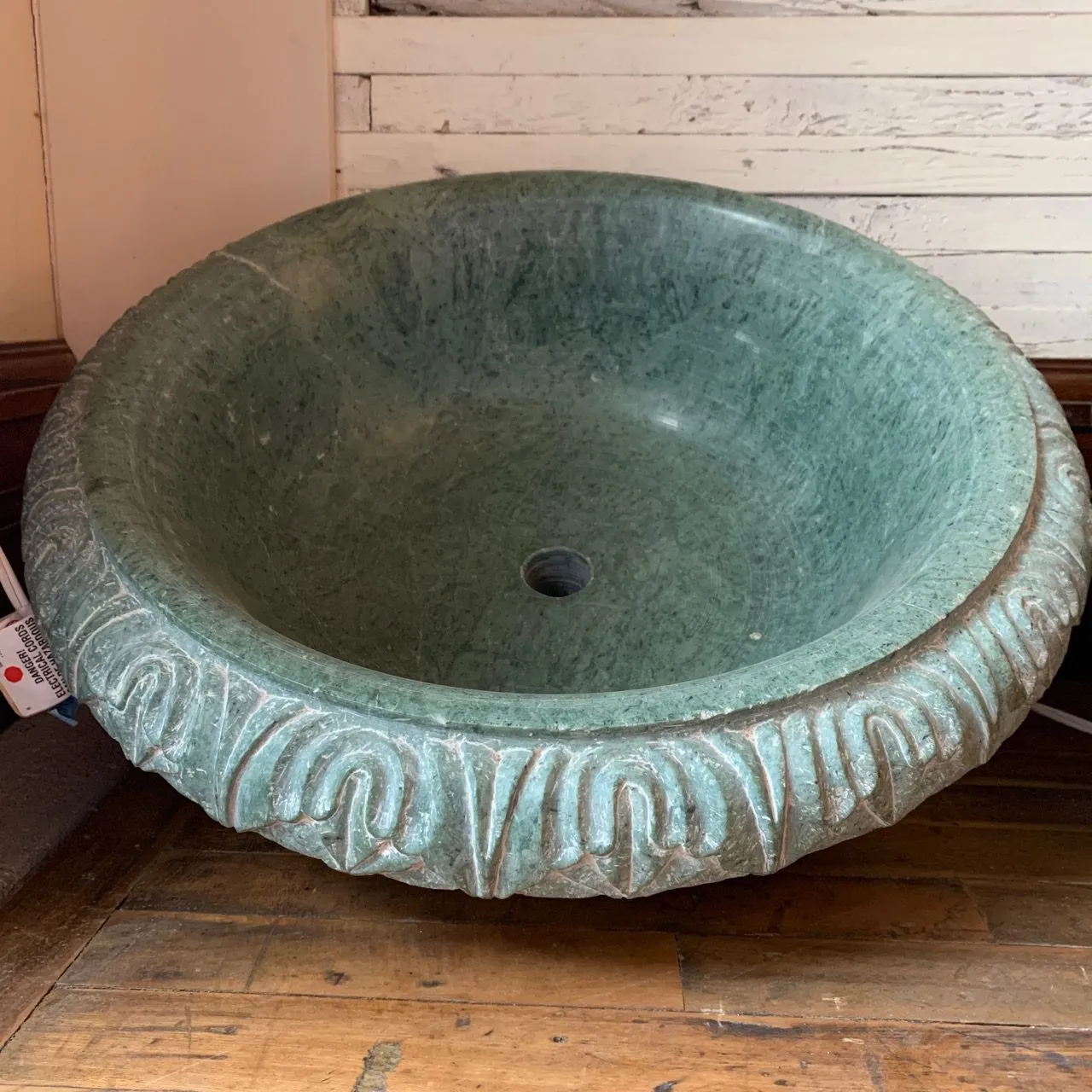 Marble Sink Vessel, Green, Round, Hand-carved