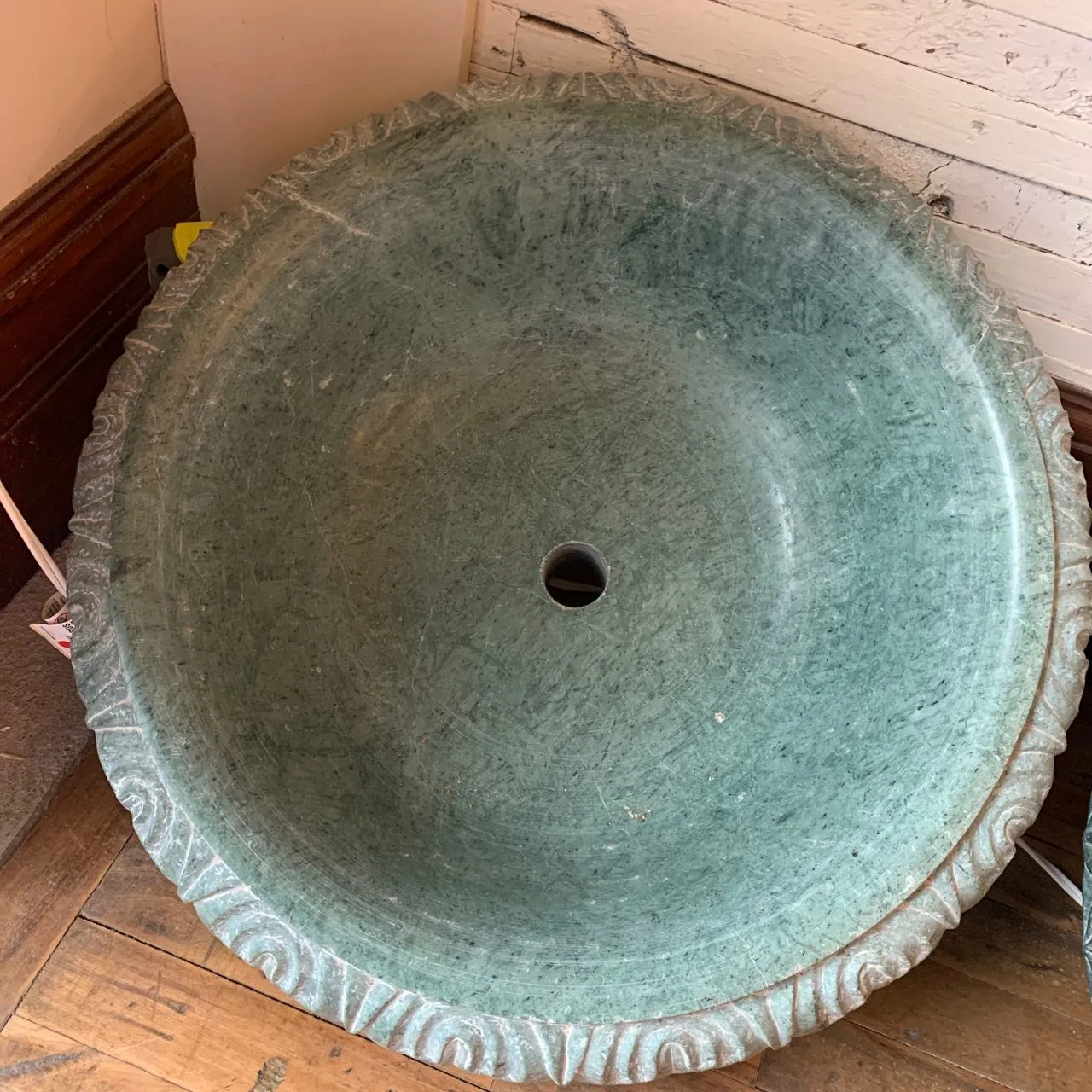 Marble Sink Vessel, Green, Round, Hand-carved