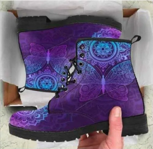 Purpdrank - Martin Boots Women's Autumn and Winter Fashion Women's Tooling Boots Skull and Flower Print High-top Boots Ladies