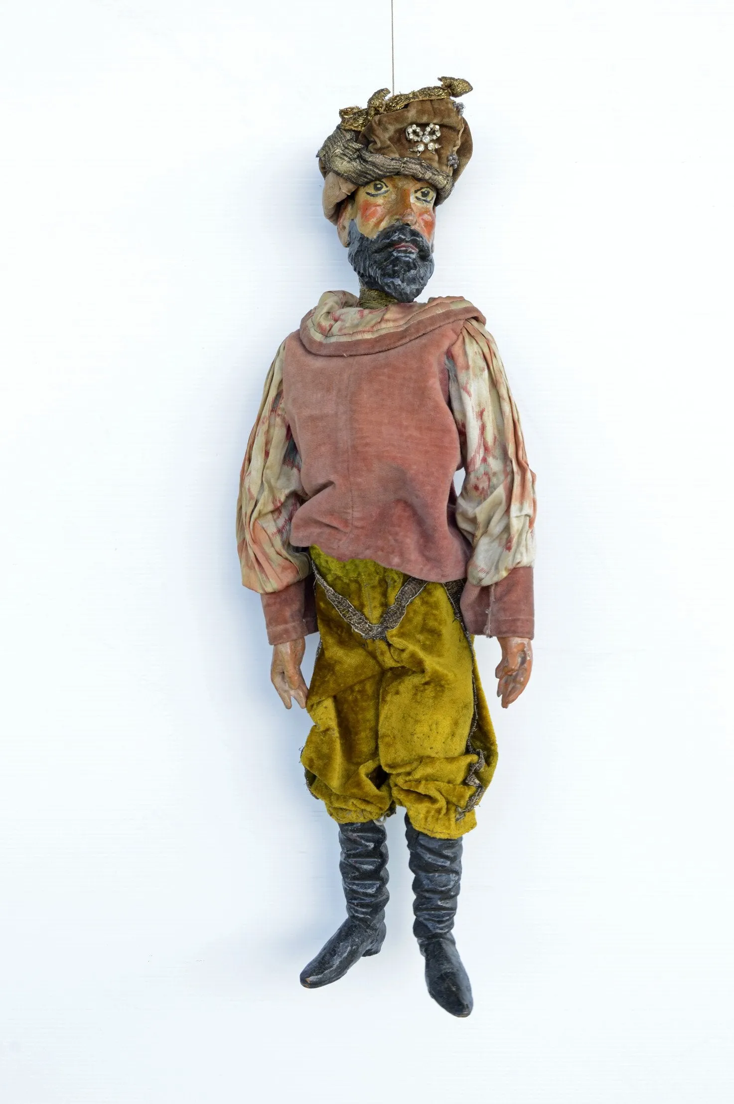 Rare, large wooden carved 19th century "King" puppet - gorgeously costumed