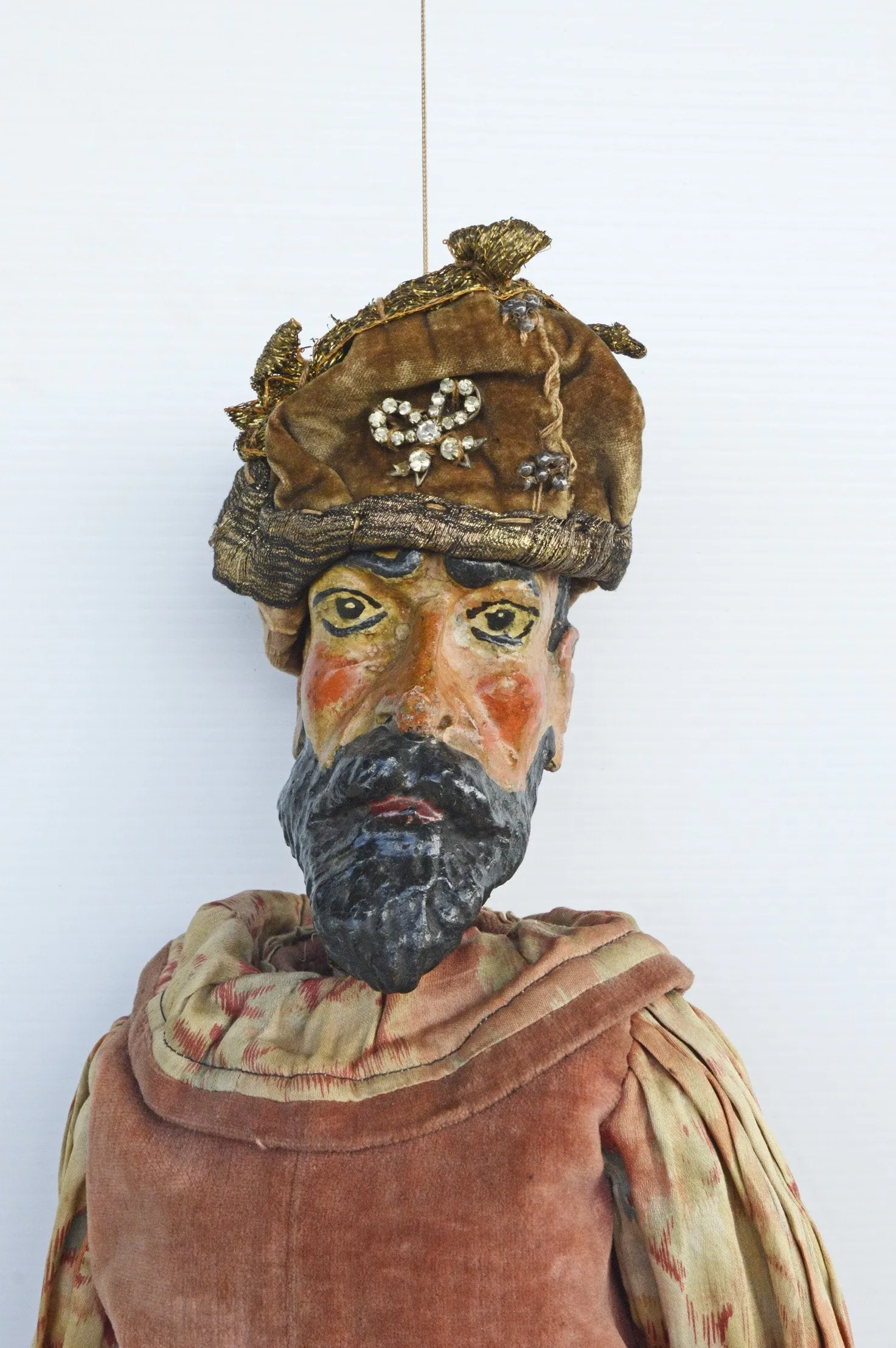 Rare, large wooden carved 19th century "King" puppet - gorgeously costumed