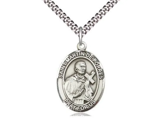 St Martin de Porres Sterling Silver Pendant on a 24 inch Light Rhodium Heavy Curb Chain.