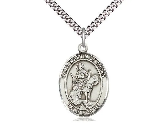 St Martin of Tours Sterling Silver Pendant on a 24 inch Light Rhodium Heavy Curb Chain.